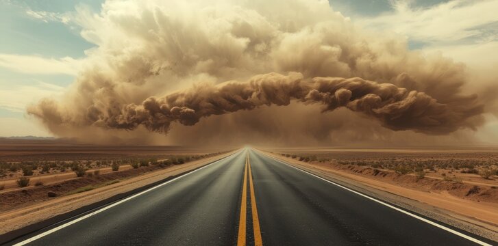 A long straight road leading towards a dramatic stormy sky with dark clouds and sunlight breaking through in a vast open landscape.