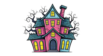 Naklejka premium Spooky Haunted House Illustration with Twisted Trees.