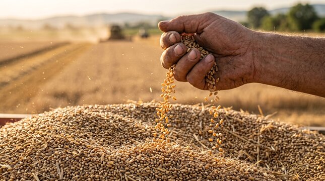 Close-up of a farmer's hand holding golden wheat grains, with a blurry background of a harvested field and agricultural machinery