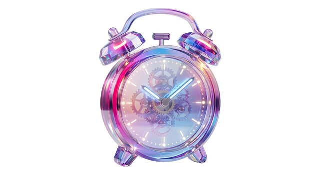 Holographic iridescent alarm clock with visible internal gears, futuristic glowing neon timepiece on white background, vibrant metallic glass clock