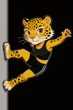 Anthropomorphic Leopard Athlete Climbing Wall in Cartoon Style