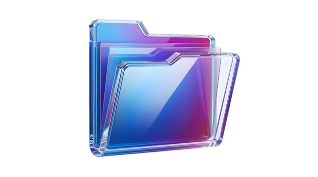Futuristic glass folder icon with blue and purple gradients, translucent 3D digital file directory, modern data storage and organization concept