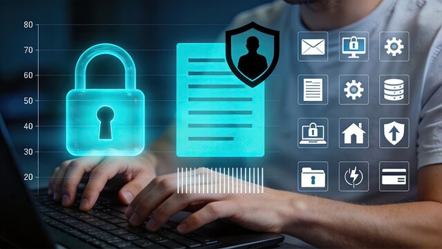 Digital document security and identity protection concept with glowing padlock and user profile shield, database management and file encryption icons representing safe online