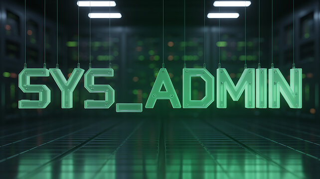 System Administrator Glass Text in Futuristic Data Center Room