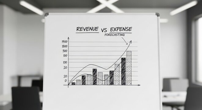 Whiteboard sketch of revenue versus expense forecasting graph illustrating business growth and financial projections.