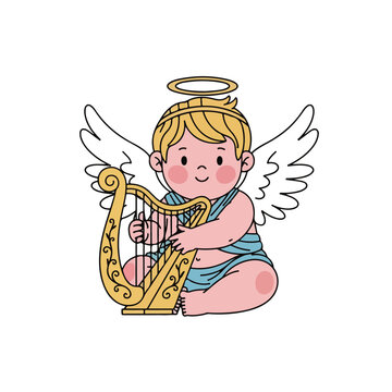 Angel Child Playing Harp Music Instrument.