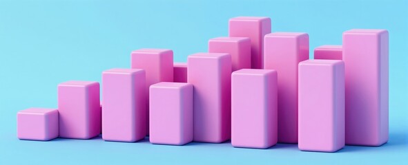 Pink bar chart rises and falls on blue backdrop. Abstract 3D graphic shows data trends. Minimalist design for business and finance analysis.