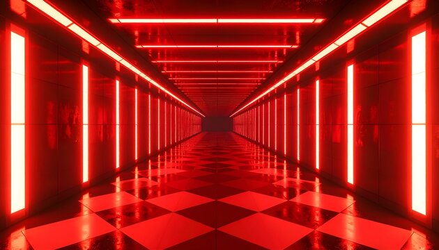 Futuristic red checkerboard tunnel with glowing lights creating a surreal abstract digital environment.