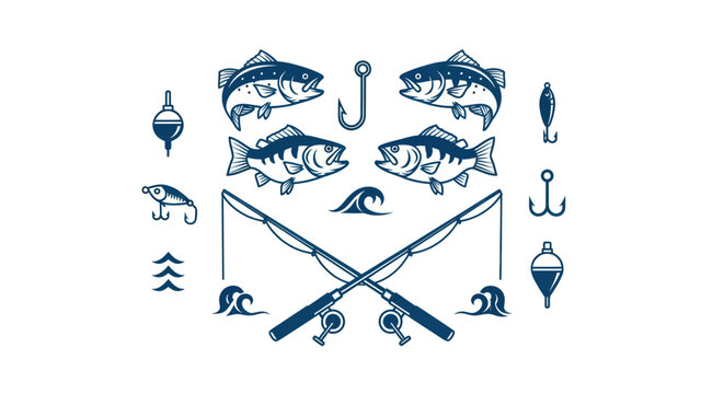 Fishing rods and tackle with fish.
