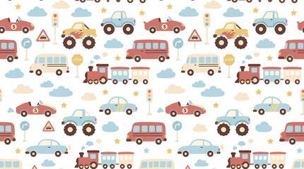 Fototapeta premium Cute Kids Transportation Flat Seamless Pattern with Cartoon Cars, Trucks, Buses, and Trains