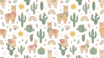 Naklejka premium Cute Llama and Cactus Pattern, Children's Vector Art, Seamless Background