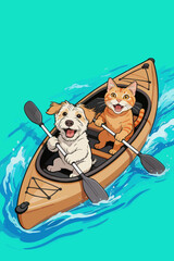 Naklejka premium Cute pets kayaking together on the turquoise lake