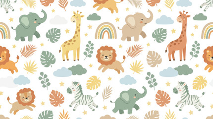 Obraz premium Cute Cartoon Safari Animals Seamless Pattern. Flat Illustration for Baby Kids Nursery Decor with Elephants, Giraffes, Lions, Zebras.