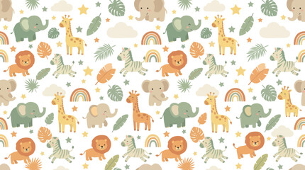 Obraz premium Cute Safari Animals Seamless Pattern - Giraffes, Lions, Elephants, Zebras - Flat Vector Art