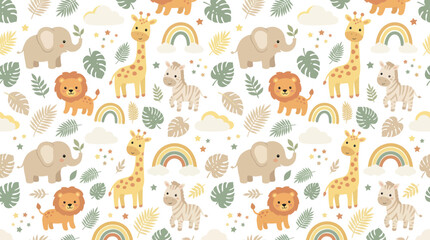 Obraz premium Cute Safari Animals Seamless Pattern. Flat Vector Illustration for Baby Nursery, Kids Textiles, and Jungle Theme.