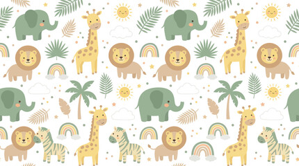 Obraz premium Cute Baby Safari Animals Seamless Pattern. Flat Cartoon Vector Illustration for Nursery, Kids Fabric Wallpaper