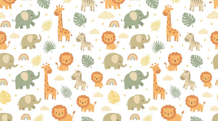 Obraz premium Cute Cartoon Safari Animals Seamless Pattern. Baby Elephant, Giraffe, Lion, Zebra Nursery Flat Illustration.