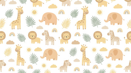 Obraz premium Cute Baby Safari Animals Seamless Pattern. Flat Cartoon Nursery Background Vector with Giraffe, Elephant, Lion, Zebra.