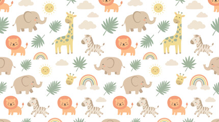 Fototapeta premium Cute Cartoon Safari Animals Seamless Pattern for Children's Nursery Decor - Flat Vector Illustration