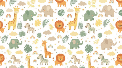 Fototapeta premium Cute Safari Animals Seamless Pattern, Flat Vector Art