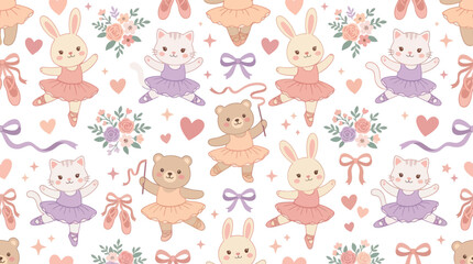 Fototapeta premium Cute Ballet Dancers Seamless Pattern: Cats, Rabbits, Bears in Tutus Vector