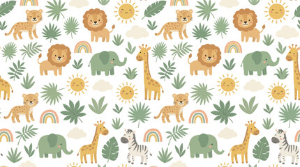 Fototapeta premium Cute Jungle Animals and Tropical Leaves Pattern