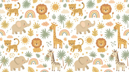 Fototapeta premium Cute Safari Animals Seamless Pattern, Flat Illustration, Jungle Kids Wallpaper
