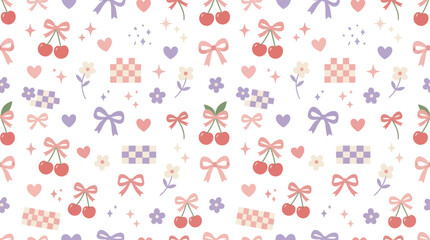 Obraz premium Cute Kawaii Cherry Pattern, Bows, Hearts, Flowers, Pastel Colors, Seamless