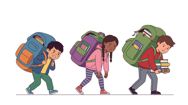 Children carrying heavy backpacks, symbolizing the burden of education and homework for young students