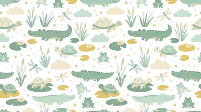 Cute Cartoon Pond Animals Seamless Pattern. Adorable Crocodiles, Turtles, Frogs  Dragonflies for Children's Nature Design.
