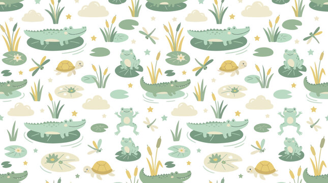 Cute Flat Illustration Pond Life Seamless Pattern for Kids Design with Crocodiles, Frogs, Turtles, Dragonflies