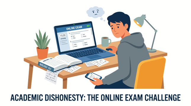 Stressed Student Contemplating Academic Integrity during a Challenging Online Exam at Home
