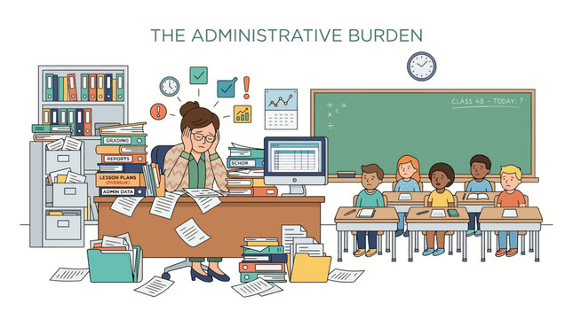 Overwhelmed teacher or school administrator coping with excessive paperwork and administrative tasks in a classroom setting, illustrating the heavy workload burden