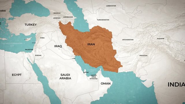 Geographical map animation dynamically highlighting the country of Iran in the Middle East clip.