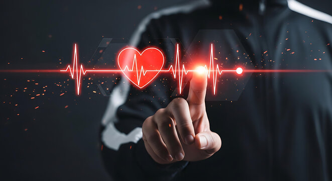 Interactive Digital Heartbeat and ECG Monitoring Interface with Glowing Heart Icon, Cardiovascular Health, Medical Technology and Preventive Healthcare Concept