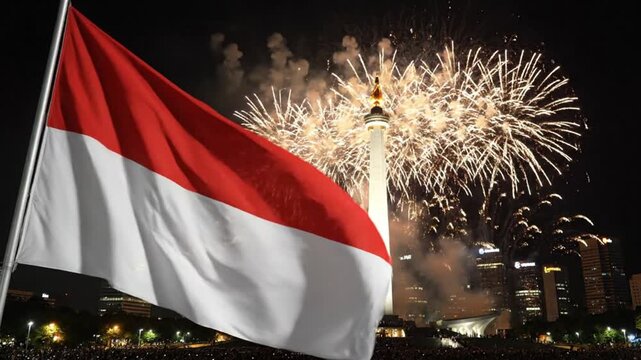 Indonesian flag waving with fireworks over Jakarta national monument