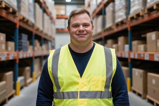 Man with Down syndrome wears safety vest in warehouse aisle. He smiles, representing inclusion and diversity in logistics employment. He is proud of his job.
