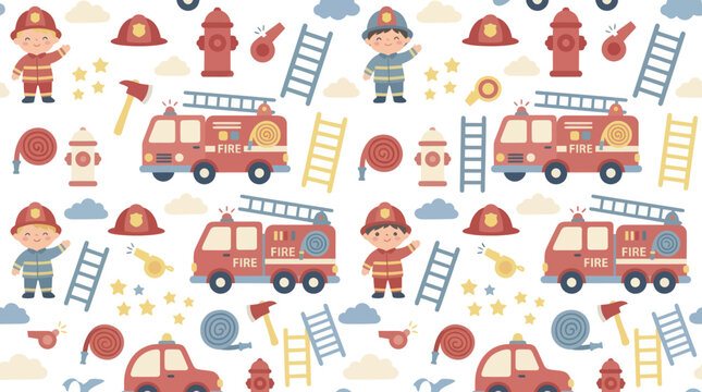 Flat Cartoon Firefighting Seamless Pattern with Cute Firefighter Characters, Fire Trucks, and Emergency Equipment