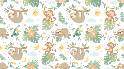 Fototapeta premium Cute Jungle Animals Seamless Pattern: Sloths, Monkeys, Toucans Tropical Leaves - Flat Vector Illustration for Kids Nursery