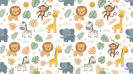 Fototapeta premium Cute Cartoon Safari Animals Seamless Pattern. Flat Vector Illustration for Kids, Baby, Nursery Decor, Jungle Theme.
