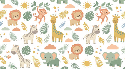 Fototapeta premium Cute Jungle Animals Pattern, Lion, Monkey, Zebra, Giraffe, Elephant, Flat Style