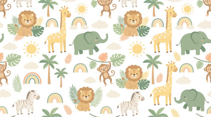 Fototapeta premium Cute Cartoon Flat Vector Seamless Pattern: Safari Jungle Animals, Rainbows Tropical Plants for Kids Nursery
