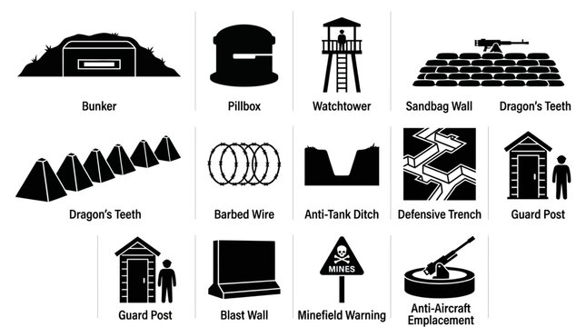 Military Defense Fortifications and Tactical Infrastructure Icon Set.