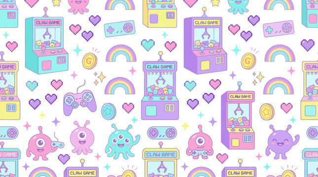 Seamless Pastel Kawaii Gaming Arcade Pattern with Claw Game Machines, Controllers, Cute Monsters, Rainbows Flat Vector