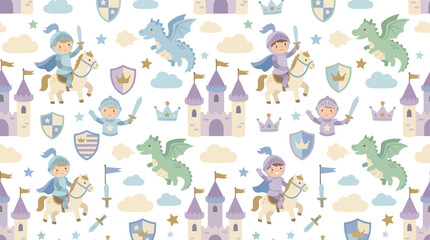 Obraz premium Cute Knight Riding Horse Dragon Castle Seamless Pattern Vector Art Style