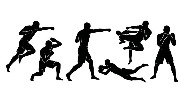 Set of silhouettes of boxers and kickboxers in action.