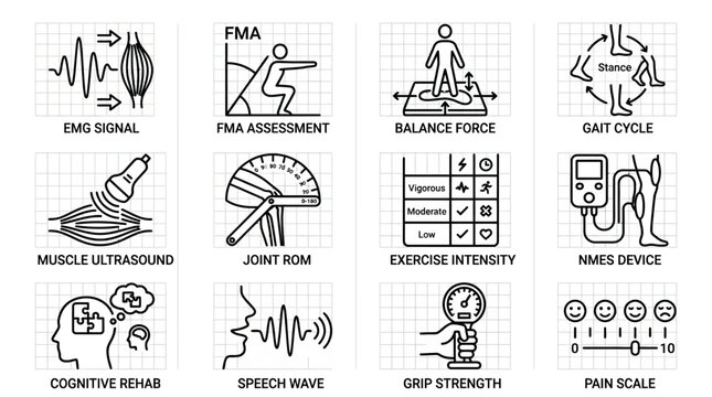 Set of physical therapy and rehabilitation icons.