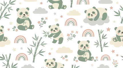 Obraz premium Cute Baby Panda Cartoon Vector Seamless Pattern for Children's Nursery Fabric and Wallpaper Design