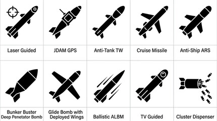 Naklejka premium Set of ten military aerial bombs and missiles icons in vector style.