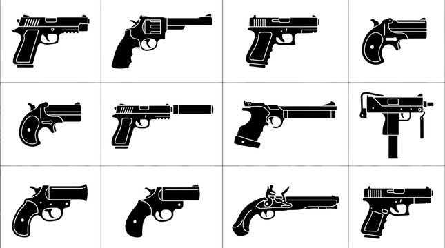 Set of various handguns and pistols silhouettes collection.
